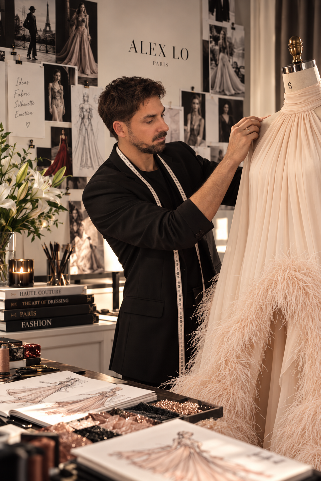 Alex Lo draping a feather-trimmed gown on a mannequin in the atelier
