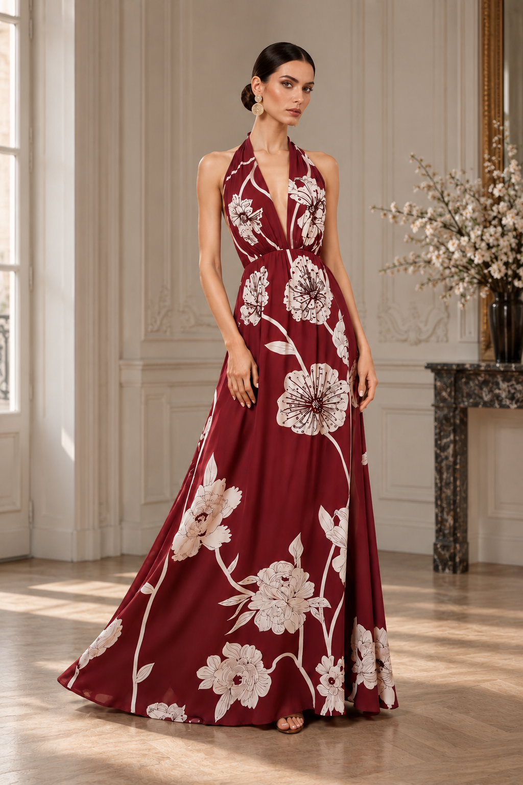 ALEXLO — burgundy floral halter gown, New Collection