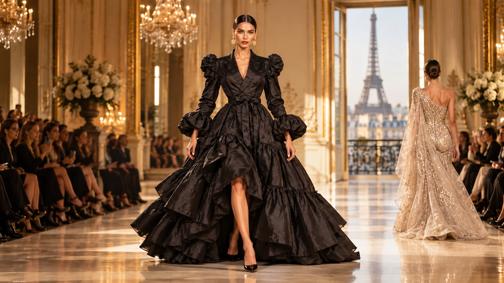 ALEXLO runway show, Paris — full runway with both models, Eiffel Tower visible through the venue windows