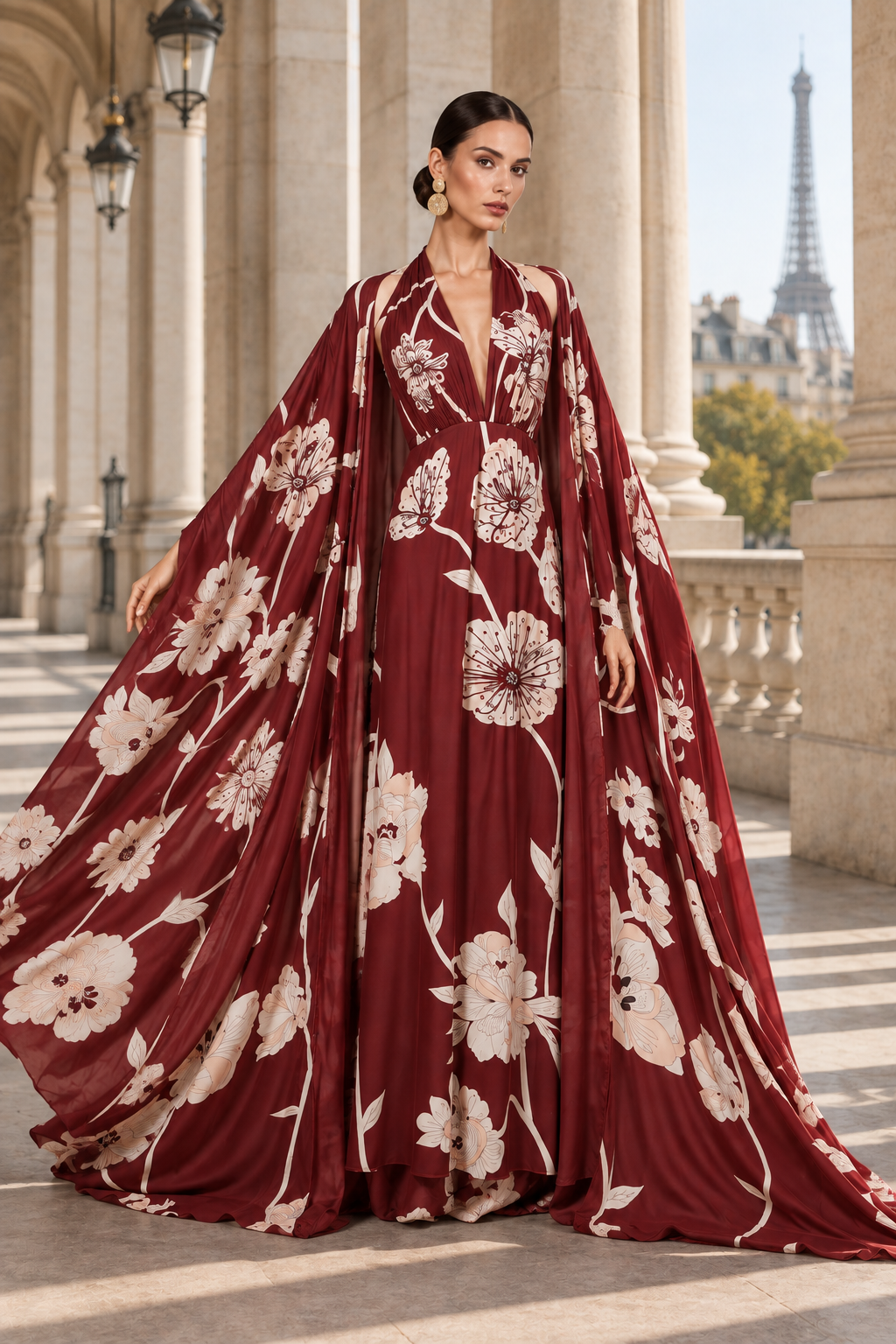ALEXLO — burgundy floral cape gown, New Collection