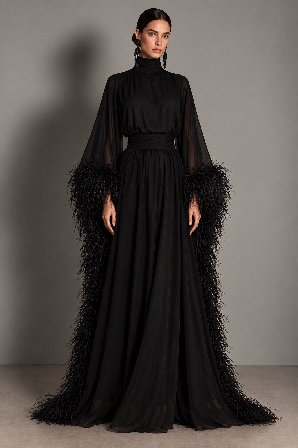 Black blouson-sleeve gown with dense feather-trimmed cuffs and a wide wrapped waist sash.